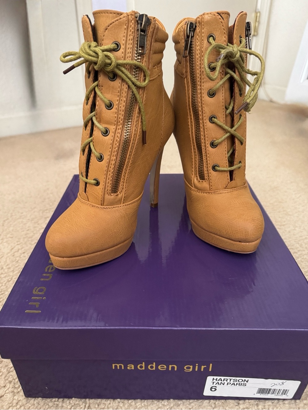 Madden Girl Tan Lace-Up Platform Stiletto Ankle Boots